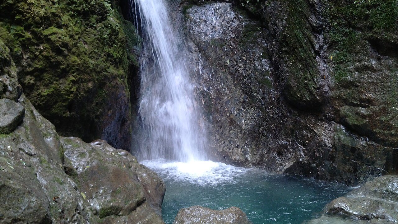 A lush waterfall scene in Qingcheng Rear Mountain surrounded by dense green forest.