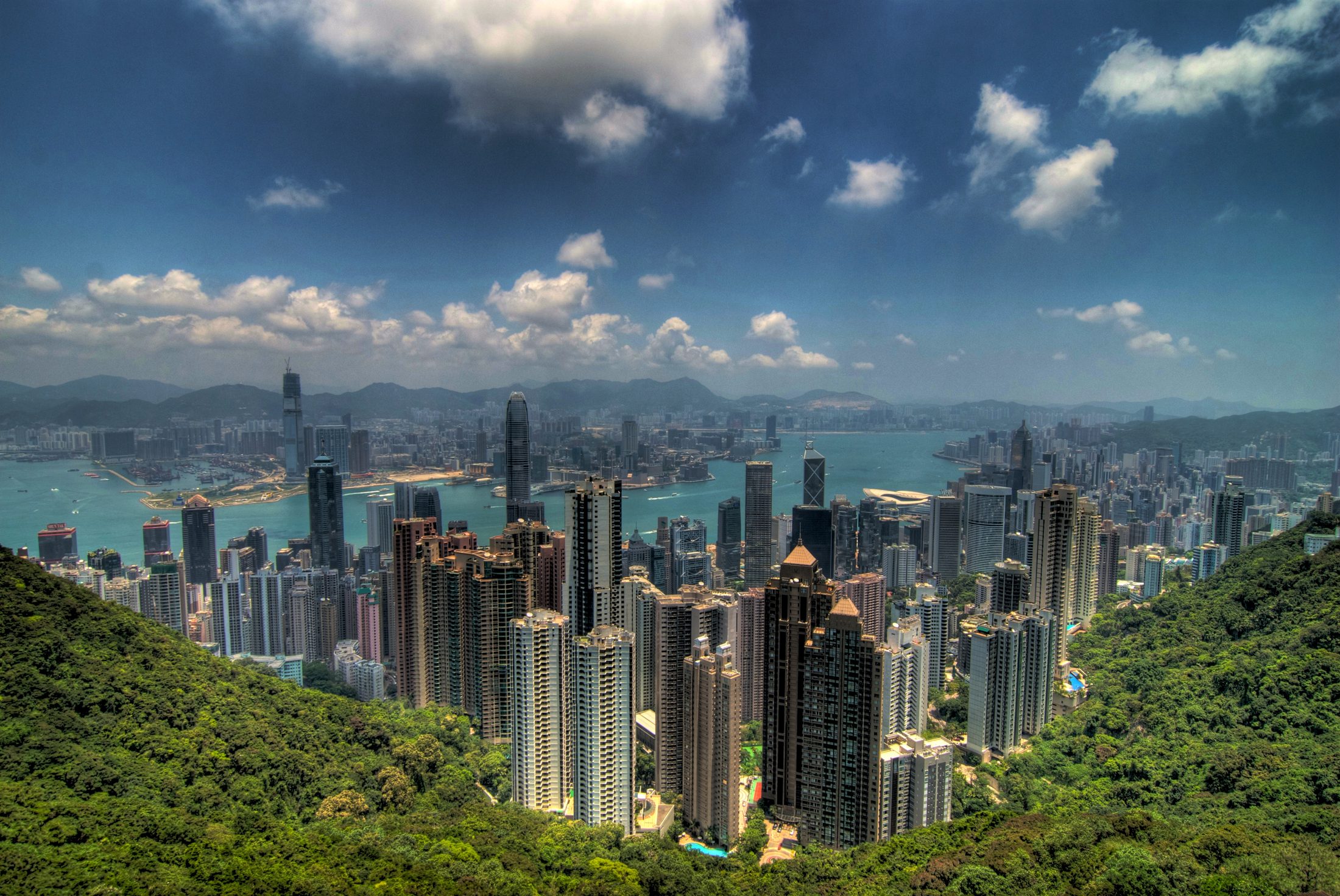 Panoramic daytime view from Victoria Peak over Hong Kong's skyline, Victoria Harbour, and green hillside foreground.