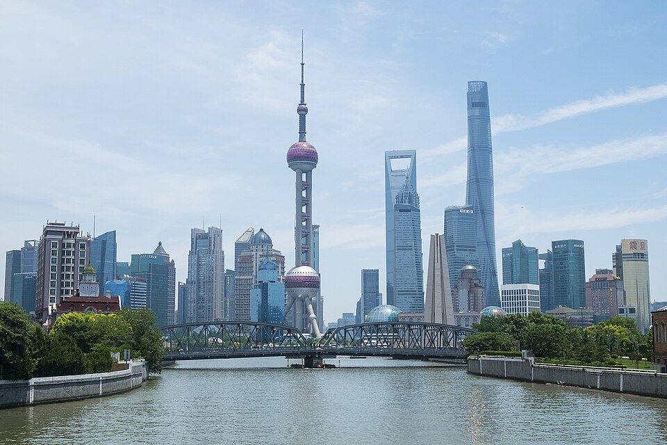 Classic skyline view of Lujiazui seen from Zhapu Road Bridge in Shanghai.