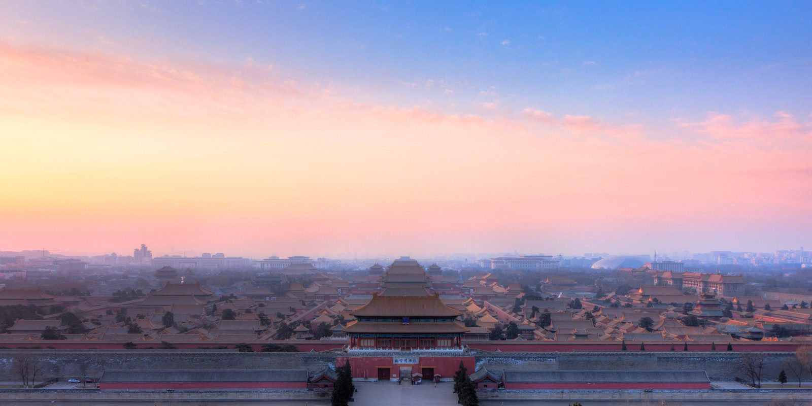 Panoramic view over the Forbidden City rooftops from Coal Hill in Beijing.