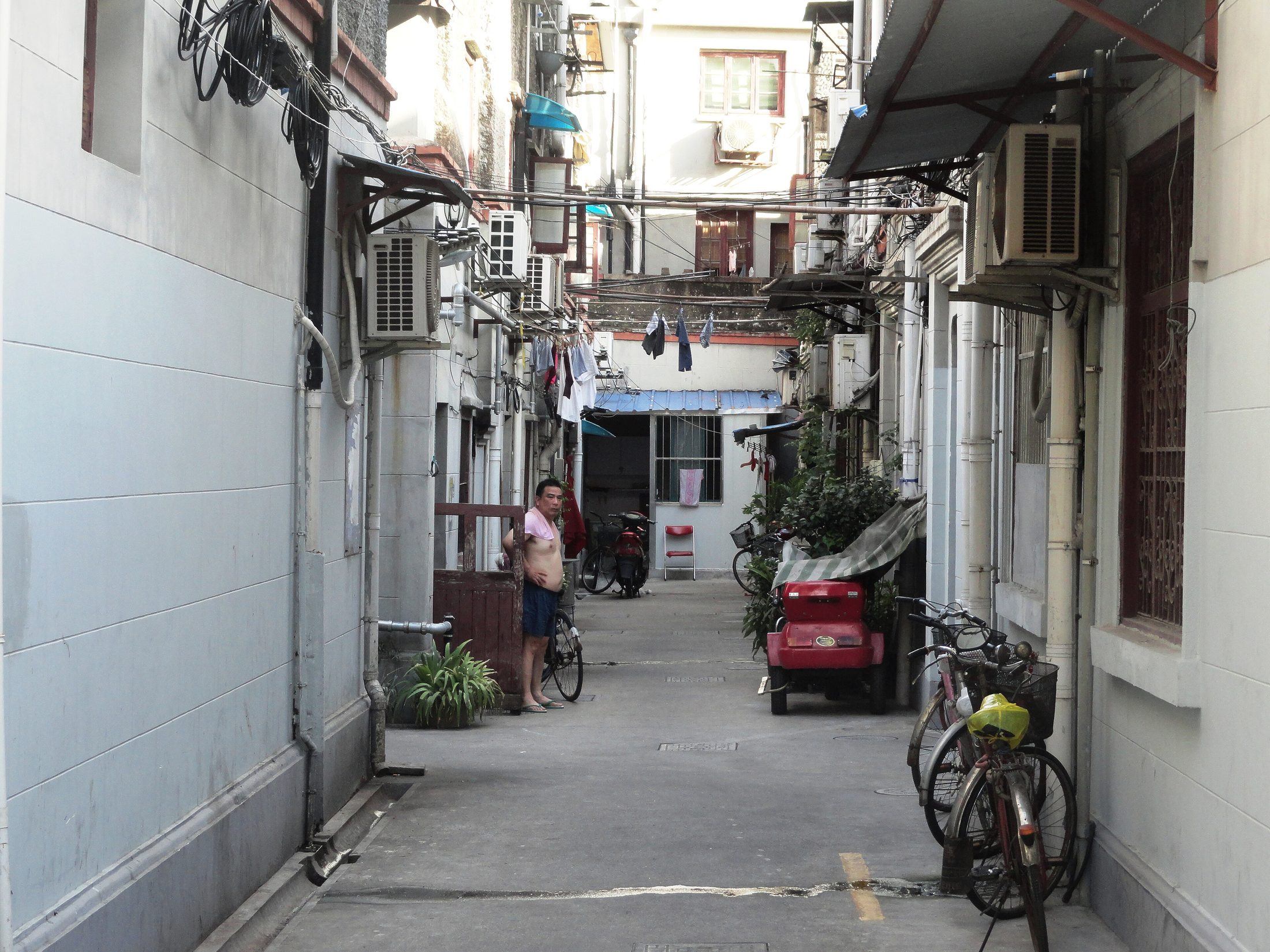 A tree-lined street in Shanghai's French Concession, where historical facades and present-day city life remain tightly interwoven.